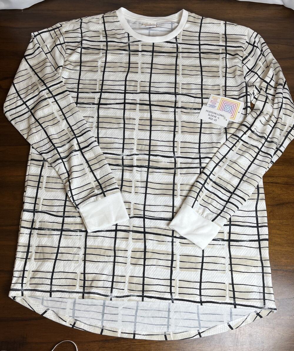 NWT LuLaRoe Hudson Long Sleeve Shirt Men’s Large Beige Black Grid Print Stretch
